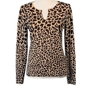 TALBOTS S Silk Blend‎ Leopard Animal Print Beige Top Long Sleeve V-Neck Stretch